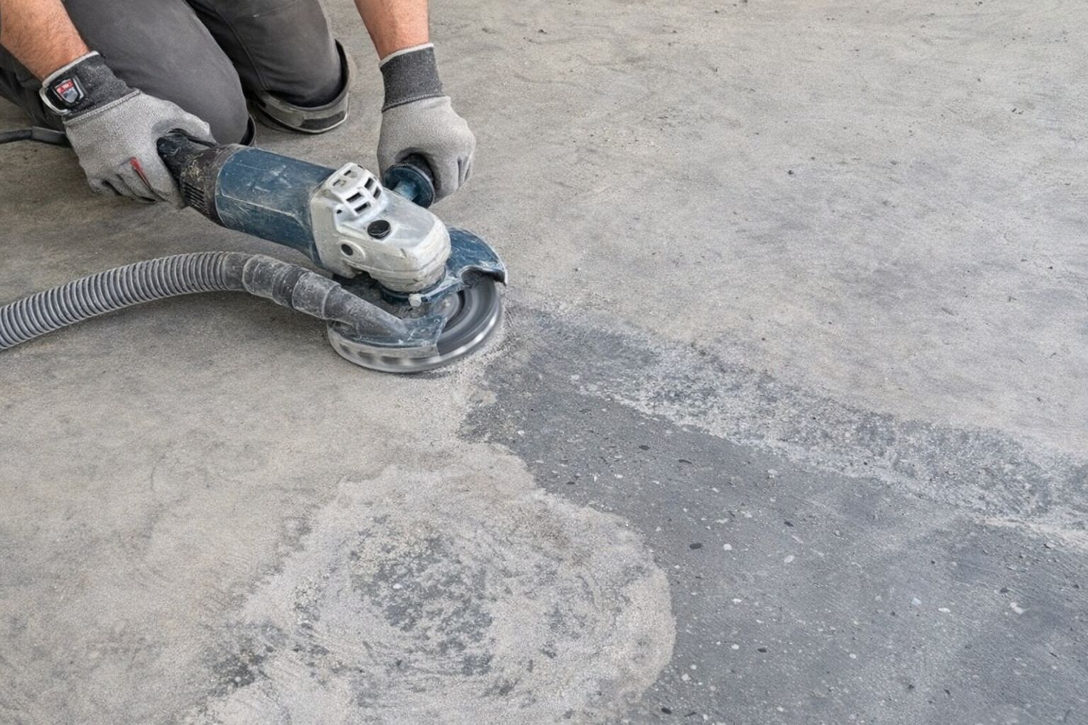 En person bruker vinkelsliper med slipekopp på et ujevnt betonggulv.